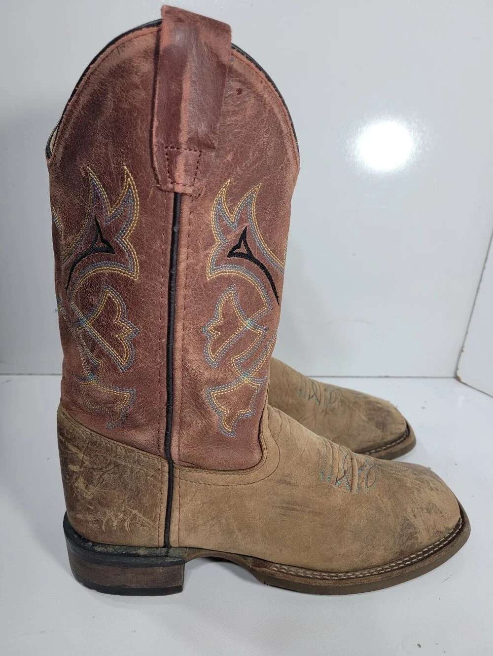Old West BSY1912 Kids Cowboy Boots Broad Square Toe Tan Leather Youth Size 5 D